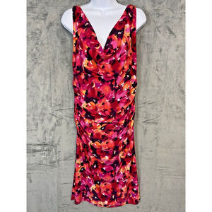 Lauren Ralph Lauren Dress Women Size 14 Red Pink Floral Sheath Sleeveless V Neck